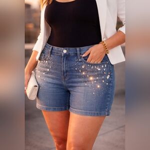 Revelation Denim Shorts Size 14 Rhinestone Bling Mid Rise Glam Jean Shorts